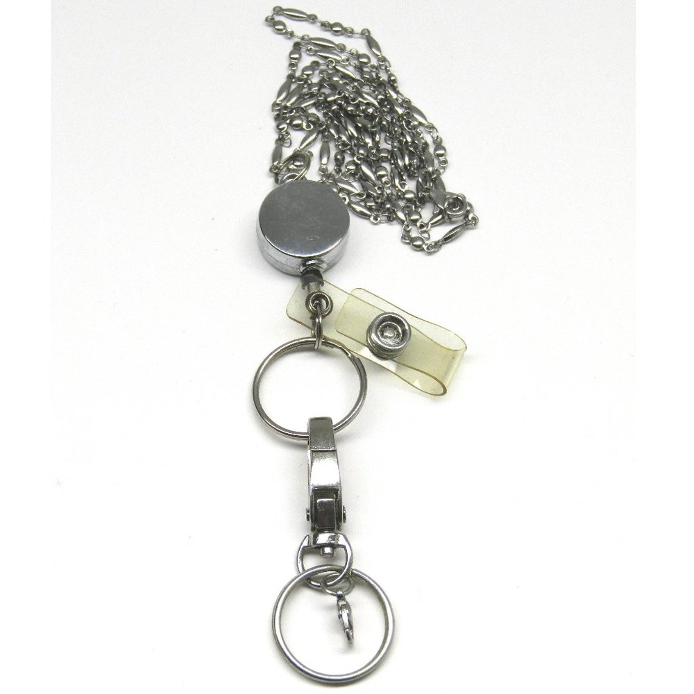 Retractable ID Badge Holder Silver 33" Necklace With Key Rings